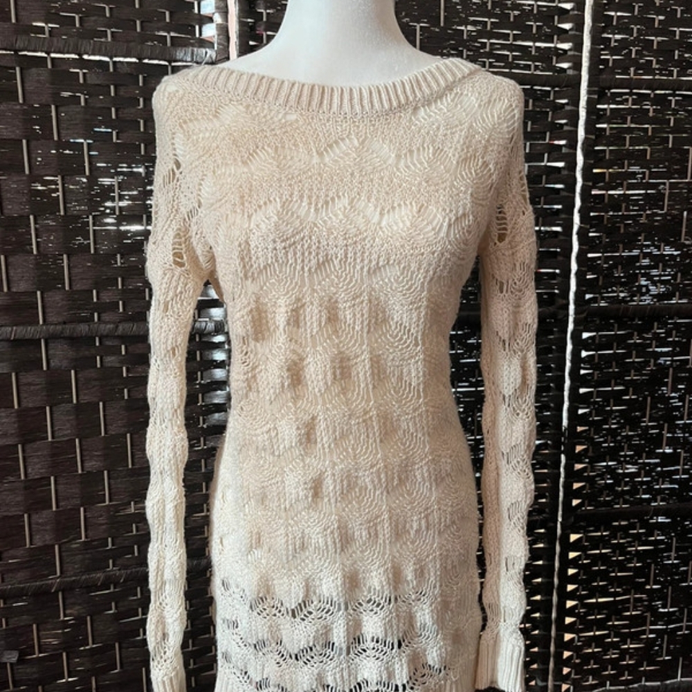 Knitted Y2k Cream Wide Neck Coquette Cottage Long Sleeve Mini Sweater Dress